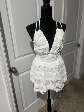 White Lace Ruffled Deep V Shorts Romper